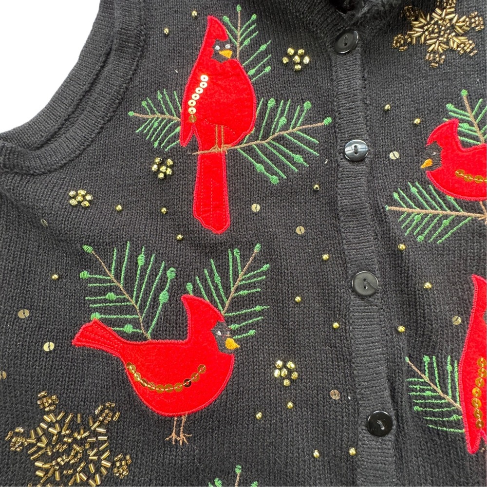 Kim Rogers Black Cardinal Sweater Vest Womens Petite M Beaded Faux Fur Christmas - Picture 5 of 13
